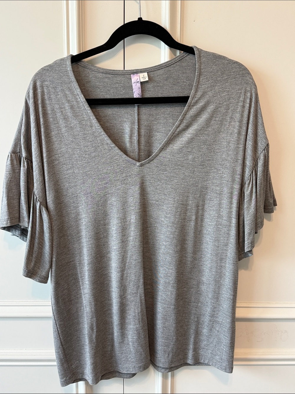 Alya Soft Gray V-Neck Ruffle Short Sleeve Top